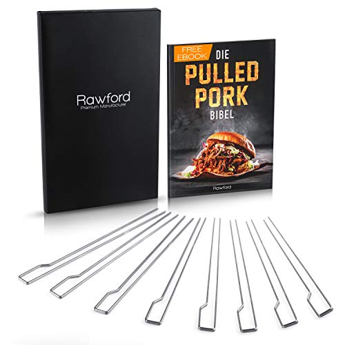 Rawford brochetas dobles para barbacoa - 30 cm de longitud - Fije sus delicias - Pinchos para barbacoa reutilizables de alta calidad - Instrucciones de cuidado y libro de recetas incluidos (8 piezas)