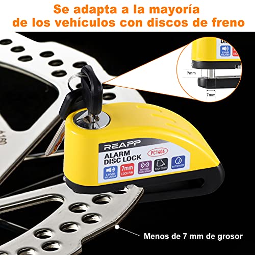 REAPP Candado Moto Disco con Alarma 110 DB, Antirrobo Moto Freno 7mm con Accesorios 1.5m Cable Recordatorio y Candado Bolsa, Pinza Moto Antirrobo para Motocicletas Bicicleta