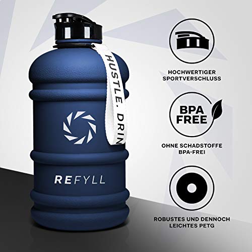 REFYLL X Botella Sport 2L – "Beast" I Botella ligera de 2 litros para gimnasio, fitness y entrenamiento I Water Jug 2200 ml I Botella 2L – 100% antigoteo & libre de BPA (azul marino)