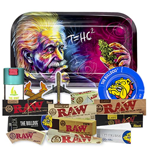 Regalo para fumadores Einstein 27,5 x 17,5cm + Cenicero The Bulldog + Bote Antiolor THE BOAT + Papel Raw 1 1/4 Organic, Black y Classic + Tips Maestro, Orgánico y Classic. + Accesorios The Bulldog