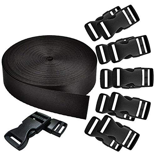 REKYO Cincha Pesado De 1 Pulgada Ancho 10 Yardas Nylon Negro Y 12 PC Lado Plano Versión Hebillas Nylon Correas Cinta para Mochila De Bricolaje para Embalaje (Producto Nuevo) … (Banda + Hebillas)