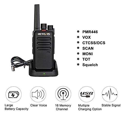 Retevis RT668 Walkie Talkie, PMR446 16 Canales Licencia Libre, Walki Talki con Auriculares, VOX Manos Libres, CTCSS/DCS, Squelch Tot Scan, Familia Hotel, Walkie-Talkie Recargable (Negro, 4 Piezas)