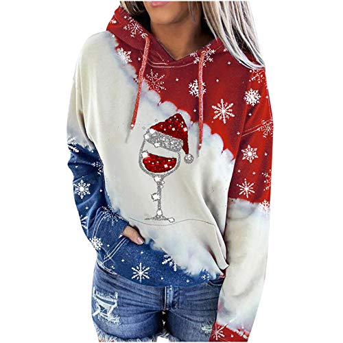 riou Sudaderas Mujer con Capucha Navidad Costura con Cordón Suéter impresión Camiseta con Bolsillo Deportivos Pullover Moda Originales Top Otoño e Invierno