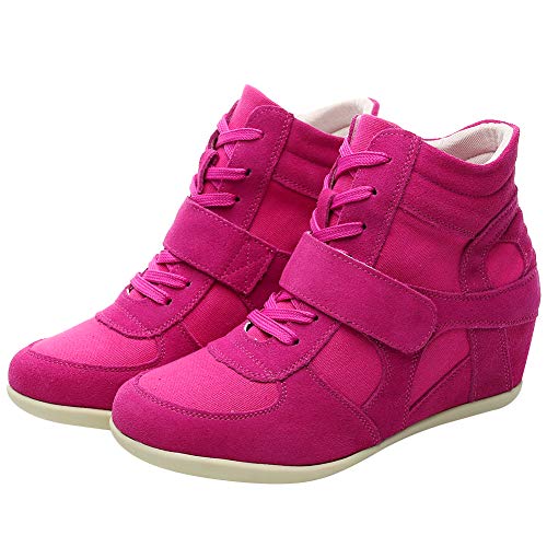 rismart Mujer Tacón De Cuña Velcro Brogue Casual Ante Zapatillas Zapatos 8522(Fucsia,38 EU)