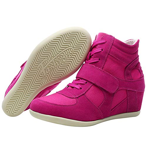 rismart Mujer Tacón De Cuña Velcro Brogue Casual Ante Zapatillas Zapatos 8522(Fucsia,38 EU)