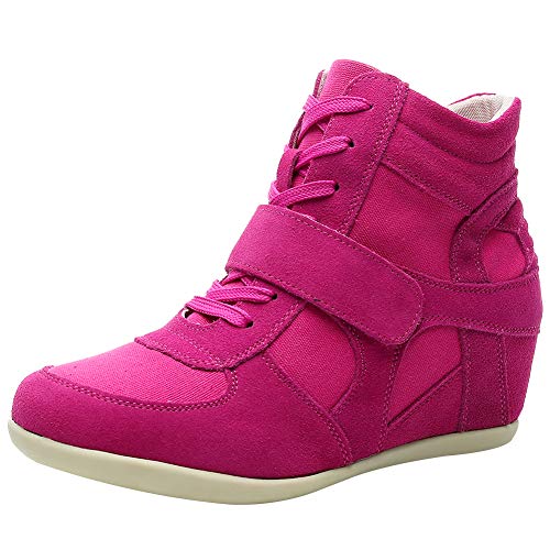 rismart Mujer Tacón De Cuña Velcro Brogue Casual Ante Zapatillas Zapatos 8522(Fucsia,38 EU)