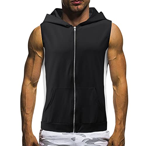 RMH Camisa Casual Tops de Hombres Fitness Zipper Encapuchado Tank Tops Sleeveless Splice Chaleco Casual Zipper Sleeveless Tank Top (Black, S)