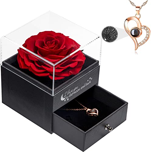 Rosa Eterna con Te Quiero Collar Caja de Regalos para Mujeres, Preservada Rosa Real Hecha a Mano de Regalos Románticos para Cumpleaños Aniversario de Bodas para Mamá Parejas Novia-Rojo