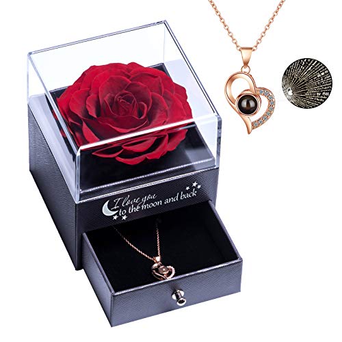 Rosa Real preservada con Collar I Love You Caja de Regalo en 100 Idiomas, Rosa eterna para el día de San Valentín, día de la Madre, Aniversario de Bodas, Regalo de cumpleaños para Ella - Negro