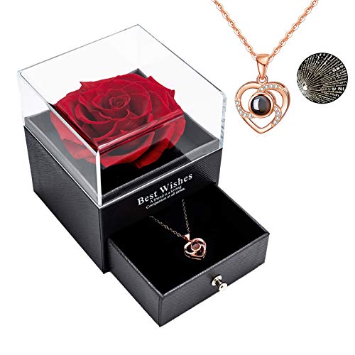 Rosa real preservada Eterna hecha a mano Rosa preservada con amor, collar de regalo, flor rosa real encantada para el día de San Valentín Aniversario Deshierbe cumpleaños Regalos románticos para ella