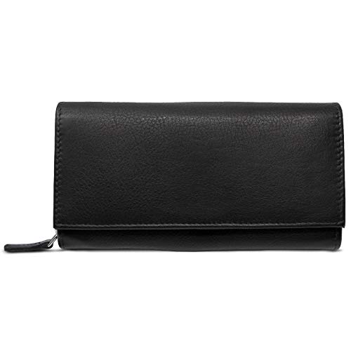 ROYALZ 'Orelia' Cartera de Piel Mujer XXL Bolsillo Grande con Muchos Compartimentos Billetera Bloqueador RFID Monedero Formato apaisado, Color:Negro