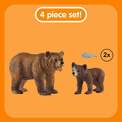 Schleich- Set de Figuras Grizzly con su cría, Colección Wild Life, 1 Osa + 1 Osezno + 2 Peces (42473)