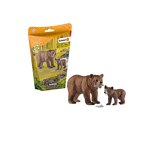 Schleich- Set de Figuras Grizzly con su cría, Colección Wild Life, 1 Osa + 1 Osezno + 2 Peces (42473)