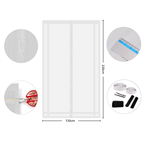 Sekey 130x220 cm Cortina Para Puertas con mosquitera magnética, Red a prueba de insectos.Montar sin taladrar, Puede Recortarse para Ajustarse a La Longitud y Anchura Adecuadas, Blanco