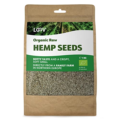 Semillas de Cáñamo Enteras Crudas Orgánicas LOOV, 1 kg, no tratadas térmicamente, conserva los nutrientes, sabor a nuez, cultivadas en clima nórdico, buena fuente de proteína y fibra a base de plantas