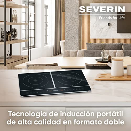 SEVERIN Hornillo de inducción doble, placa vitrocerámica de dos fuegos portátil, placa de inducción de calentamiento rápido, con termostatos regulables, negro, 3400 W, DK 1031