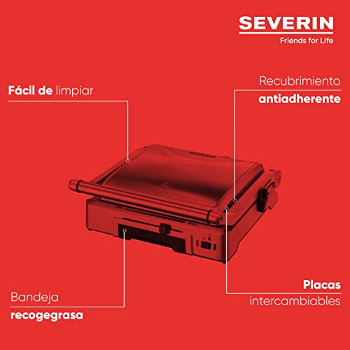 SEVERIN Parrilla grill de contacto para carne y sándwiches, sandwichera grill antiadherente para asar sin grasa, plancha grill de 1800 W, acero inoxidable y plateado, KG 2392