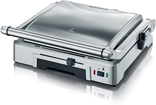 SEVERIN Parrilla grill de contacto para carne y sándwiches, sandwichera grill antiadherente para asar sin grasa, plancha grill de 1800 W, acero inoxidable y plateado, KG 2392