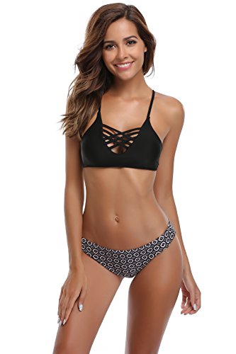 SHEKINI Mujer Conjunto de Bikini de Dos Piezas Almohadillas Bañador Estampar Trajes de Baña (Estilo A: Negro, Medium)