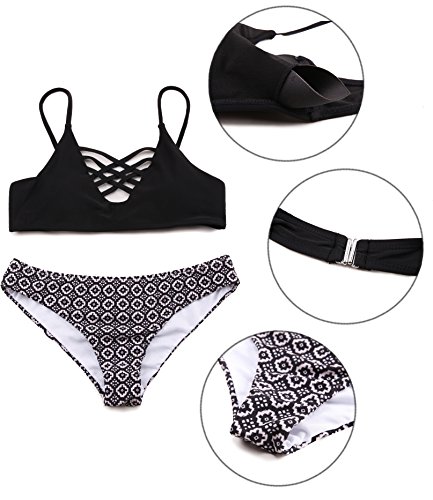 SHEKINI Mujer Conjunto de Bikini de Dos Piezas Almohadillas Bañador Estampar Trajes de Baña (Estilo A: Negro, Medium)