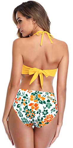 SHEKINI Mujer Traje de Baño de Dos Piezas Bandeau Ajustable Acolchado Bikini Top Sexy Halter Bikini Set Cintura Alta Control Abdomen Parte Inferior de Bikini(XL, Amarillo)