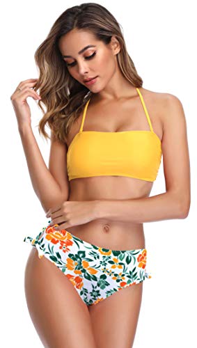 SHEKINI Mujer Traje de Baño de Dos Piezas Bandeau Ajustable Acolchado Bikini Top Sexy Halter Bikini Set Cintura Alta Control Abdomen Parte Inferior de Bikini(XL, Amarillo)