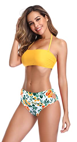 SHEKINI Mujer Traje de Baño de Dos Piezas Bandeau Ajustable Acolchado Bikini Top Sexy Halter Bikini Set Cintura Alta Control Abdomen Parte Inferior de Bikini(XL, Amarillo)