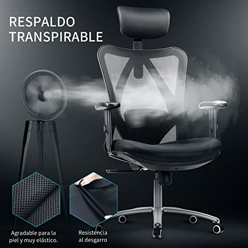 Silla Ergonomica, mfavour Silla Oficina Ergonomica con Respaldo Alto de Malla, Silla Escritorio con Soporte Lumbar para Reposacabezas y Reposabrazos Ajustable, Negro