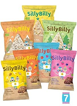 SillyBilly - Snack ecológico - Pack 7 bolsitas - Pack degustación - Prueba todos nuestros productos - Cereales y Frutas - Quinoa, espelta, arroz integral, lentejas, arroz negro, plátanos, fresa...