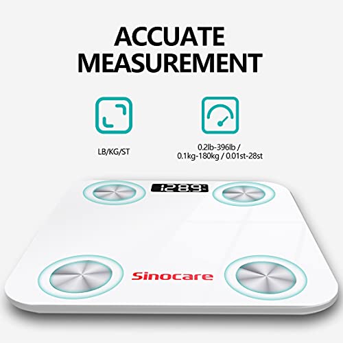 Sinocare Báscula Grasa Corporal Báscula de Baño Wireless Analizar Más de 13 Funciones, Monitores de Composición corporal, Alta Precisión (ST/KG/LB) 180kg/400lbs para Andriod y iOS