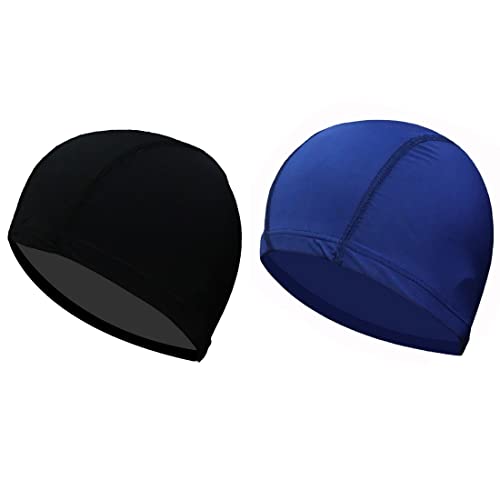 SIOPPKIK 2Pcs Unisex Gorro de Natación Gorro de Baño Piscina Mujer y Hombre Gorro Natación para Pelo Largo y Corto Gorros de Piscina Impermeable Suave y Cómodo, Talla Unica (Negra+ Azul Real)