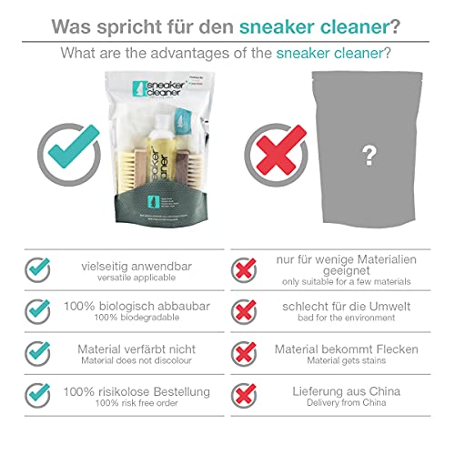 Sneaker Cleaner® - Kit limpieza zapatos, 250ml limpiador incl. 2 cepillos para materiales delicados y no delicados + palo de microfibra, limpiador de zapatillas, limpiador de zapatos, limpia zapatos