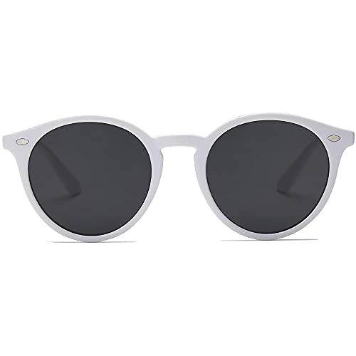 SOJOS Gafas De Sol Clásico Redondo Retro Polarizado UV400 Para Mujer Hombre SJ2069 ALL ME (C4 Marco Blanco/Lente Gris, 51)