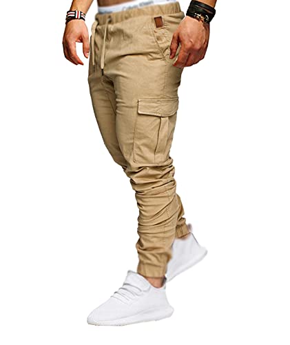 SOMTHRON Hombre Cinturón de Cintura elástico Pantalones de chándal de algodón Largo Jogging Pantalones de Carga Deportiva de Talla Grande Pantalones Cortos con Bolsillos Pantalones (KH-XL)