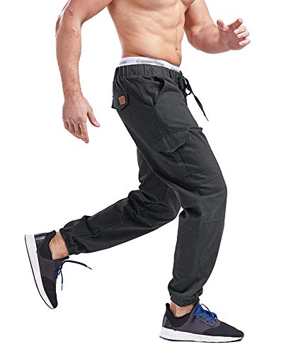 SOMTHRON Hombre Cinturón de Cintura elástico Pantalones de chándal de algodón Largo Jogging Pantalones de Carga Deportiva de Talla Grande Pantalones Cortos con Bolsillos Pantalones (DG-M)