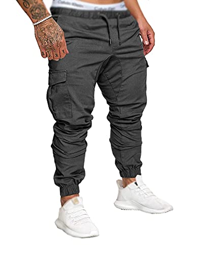 SOMTHRON Hombre Cinturón de Cintura elástico Pantalones de chándal de algodón Largo Jogging Pantalones de Carga Deportiva de Talla Grande Pantalones Cortos con Bolsillos Pantalones (DG-M)