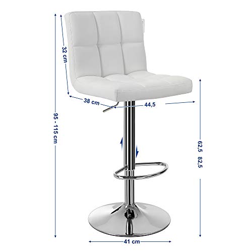 Songmics 2 x Taburetes de Bar, con Respaldo, Regulable en Altura y Giratorio Cromado de Cuero sintético Blanco LJB64W, PU, 38 x 44,5 x (95-115) cm