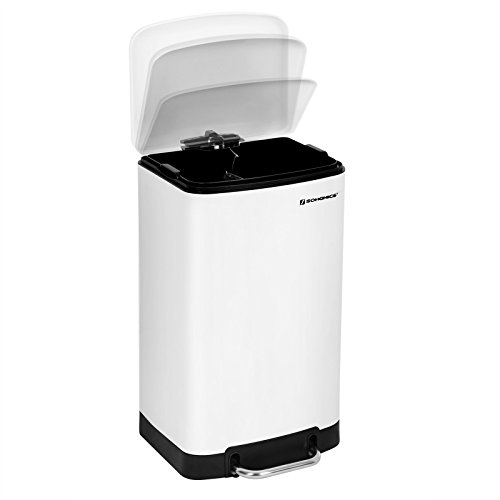 SONGMICS Cubo de basura, Cubo de reciclaje de 30L, Cubo de pedal de acero, con cubo interior y tapa, Cierre suave, Hermético, para cocina, sala de estar, Blanco LTB01W