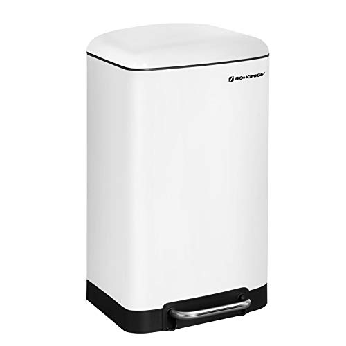 SONGMICS Cubo de basura, Cubo de reciclaje de 30L, Cubo de pedal de acero, con cubo interior y tapa, Cierre suave, Hermético, para cocina, sala de estar, Blanco LTB01W