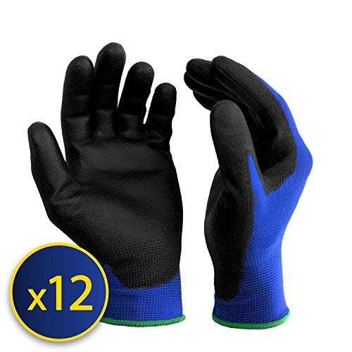 S&R Guantes de Trabajo para Hobre en Nylon resistente con recubrimiento de PU - 12 ParesTalla L/9.