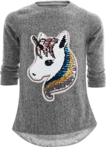 Sudadera con diseño de unicornio y caballo, reversible, con lentejuelas brillantes, blusa larga, Unicornio 1 gris., 98 cm-104 cm