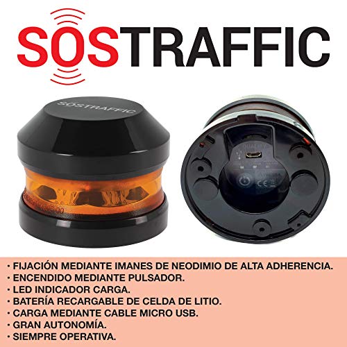 SUMEX SOSTRAFIC - Baliza LED V16 Luminosa Magnética de Emergencia Recargable de Alta Visibilidad Desde 2Km. Tamaño Reducido 70mm, Impermeable, 2h. de autonomia, Homologada por la DGT