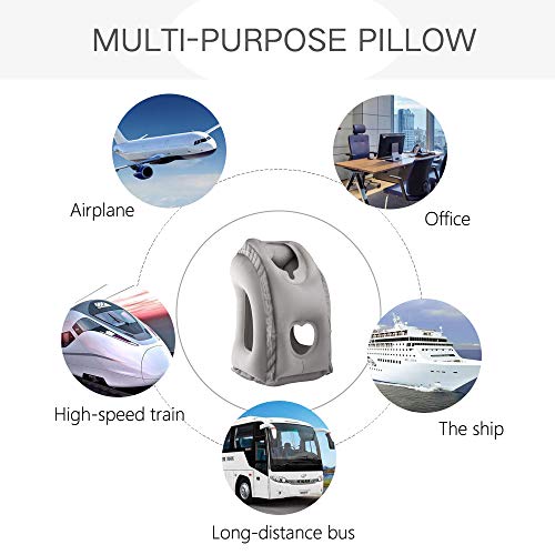 Sunany Almohada Inflable de Viaje, Almohada de avión portátil Inflable para el Cuello, se Utiliza para Aviones, Coches, autobuses, Trenes, Oficina, con máscara de Ojos, Tapones para los oídos (Gris)