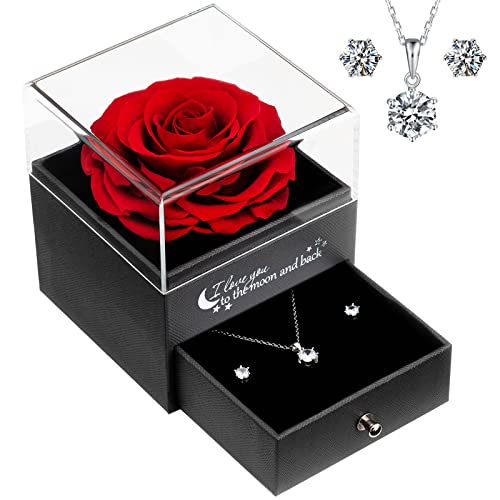 Sunia Eterna Rosa - Rosa Rojo Preservada con Cadena Plata Mujer Regalo de Rosa Real Hecho a Mano para Mujer Mama Novia Regalo para Navidad Cumpleaños Dia de San Valentin Dia de la Madre