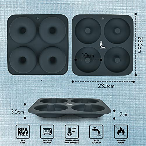 SUPER KITCHEN Juego de 2 Moldes de Silicona Grande para Donuts de 4 Cavidades, Bandeja para Rosquillas Antiadherente, Bandeja para Hornear para Donas, Pasteles, Bagels, Muffins (23,5x23,5x2 cm,Gris)