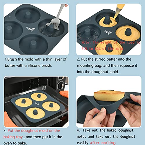 SUPER KITCHEN Juego de 2 Moldes de Silicona Grande para Donuts de 4 Cavidades, Bandeja para Rosquillas Antiadherente, Bandeja para Hornear para Donas, Pasteles, Bagels, Muffins (23,5x23,5x2 cm,Gris)