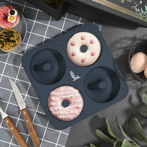 SUPER KITCHEN Juego de 2 Moldes de Silicona Grande para Donuts de 4 Cavidades, Bandeja para Rosquillas Antiadherente, Bandeja para Hornear para Donas, Pasteles, Bagels, Muffins (23,5x23,5x2 cm,Gris)