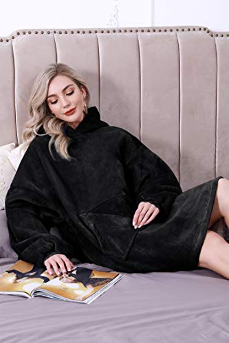 Sykooria Manta con Capucha Sudadera Calentita Grande Pullover Mullido de Doble Capa Manta Súper Suave y Cálida para Mujeres Hombres Adolescentes - Negro S