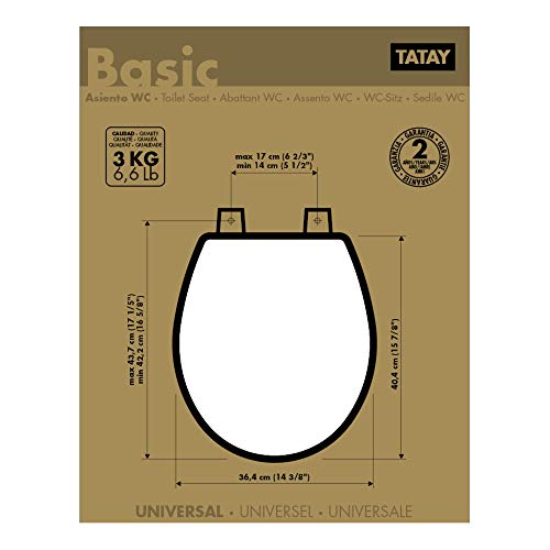 TATAY Tapa WC Universal Basic, de madera MDF, Forma Ovalada, Resistente y cálido, Fácil Instalación, Blanco. Medidas 40.4 x 36.4 x 4 cm