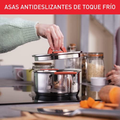 Tefal OptiSpace - Juego de 3 Cacerolas + 3 tapas: Cacerolas de 18, 20 y 24 cm de acero inoxidable, 3 tapas planas, asas antideslizante toque frío, marcas de medida, todo tipo de cocinas